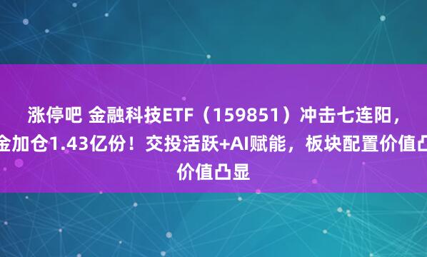 涨停吧 金融科技ETF（159851）冲击七连阳，资金加仓1.43亿份！交投活跃+AI赋能，板块配置价值凸显